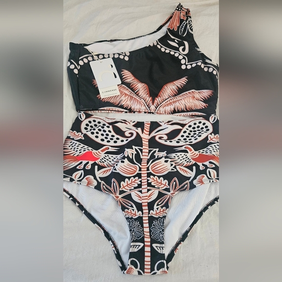 New W Tags Commense Two Piece Bikini One-Shoulder Black and Tan Swim Set Unique - Picture 2 of 7